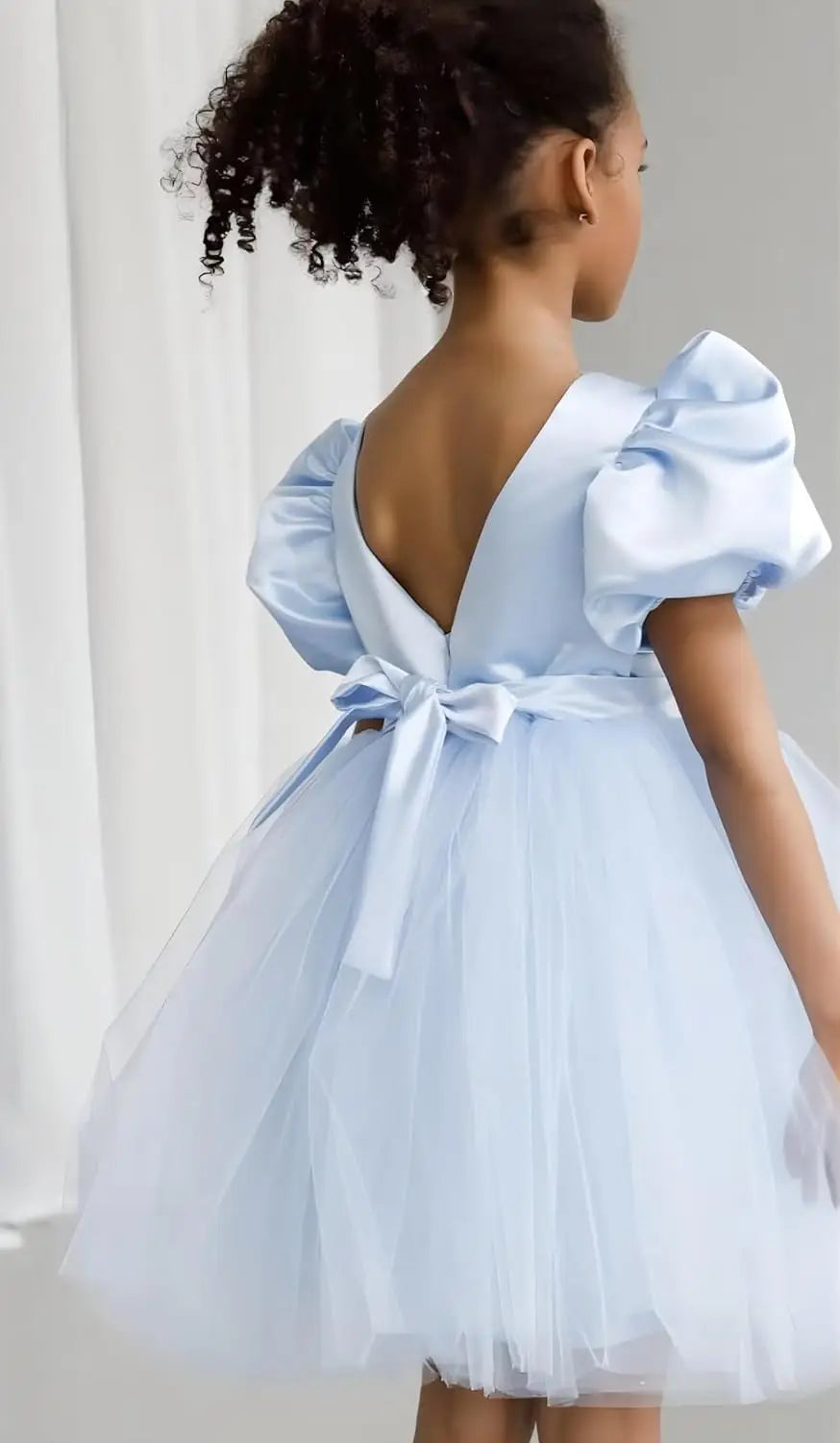 Vestidos de tul con mangas abullonadas para niña de las flores, para bodas, cumpleaños, fiestas, satén y tul con lazo. 