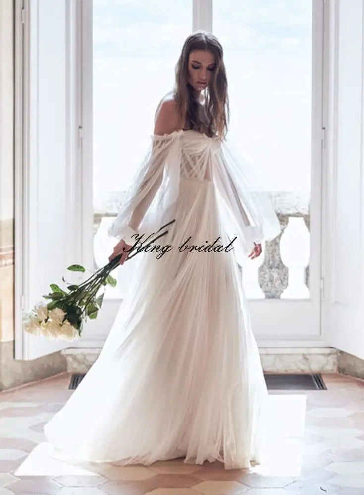 Vestidos de fiesta de manga larga abullonados para mujer, hechos a medida, con abertura en los hombros, de tul, para boda, formales, de noche, transparentes. 