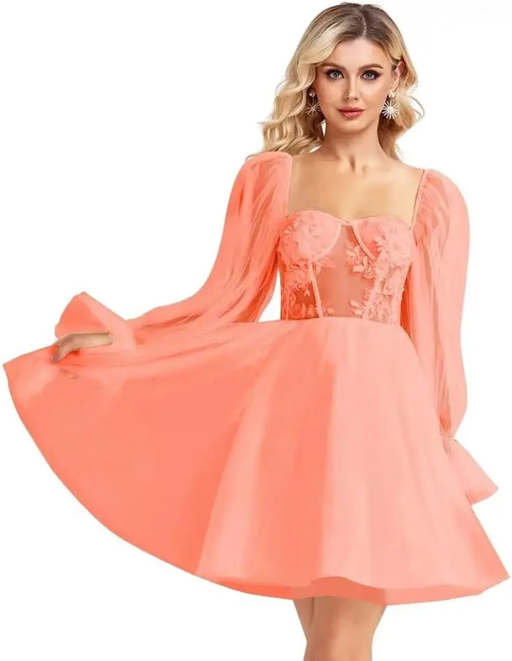 Langärmliges Tüll-Heimkehrkleid, kurzes Brautkleid, herzförmiger Ausschnitt, Spitzenapplikation, Ballkleider für Teenager, Cocktailkleid 
