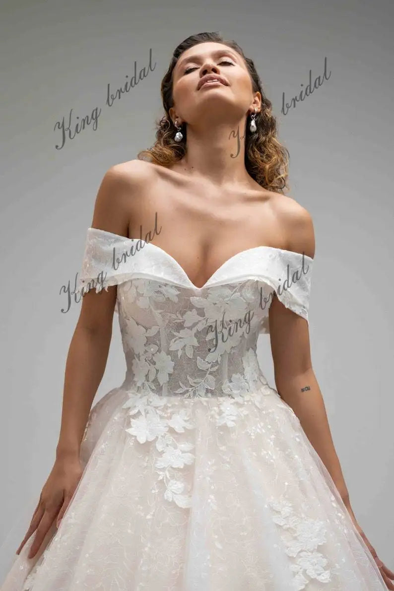 Blumenspitze Kleid Glitter Chantilly Tüll Brautkleider Off-Shoulder Korsett einfache Brautkleid benutzerdefinierte Brautkleid 