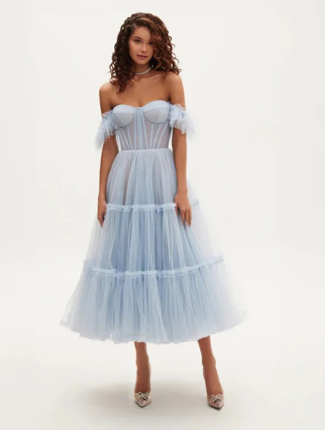 Sky Blue Women Dresses With Ruffles Trimmed Details Sweetheart Long Maxi Dress Party Tulle Ankle Length Off Shoulder Customized