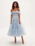 Sky Blue Women Dresses With Ruffles Trimmed Details Sweetheart Long Maxi Dress Party Tulle Ankle Length Off Shoulder Customized
