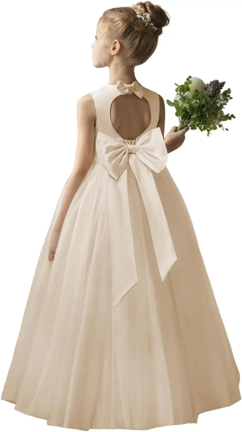 Flower Girl Dresses for Wedding Puffy Satin Tulle Princess Pageant Dress for Girls Crew Neck Tulle Bow Prom Ball Gowns
