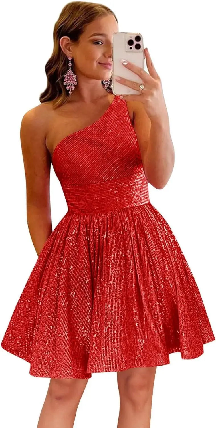 Vestido de fiesta corto con lentejuelas y un hombro brillante para mujeres y niñas. 