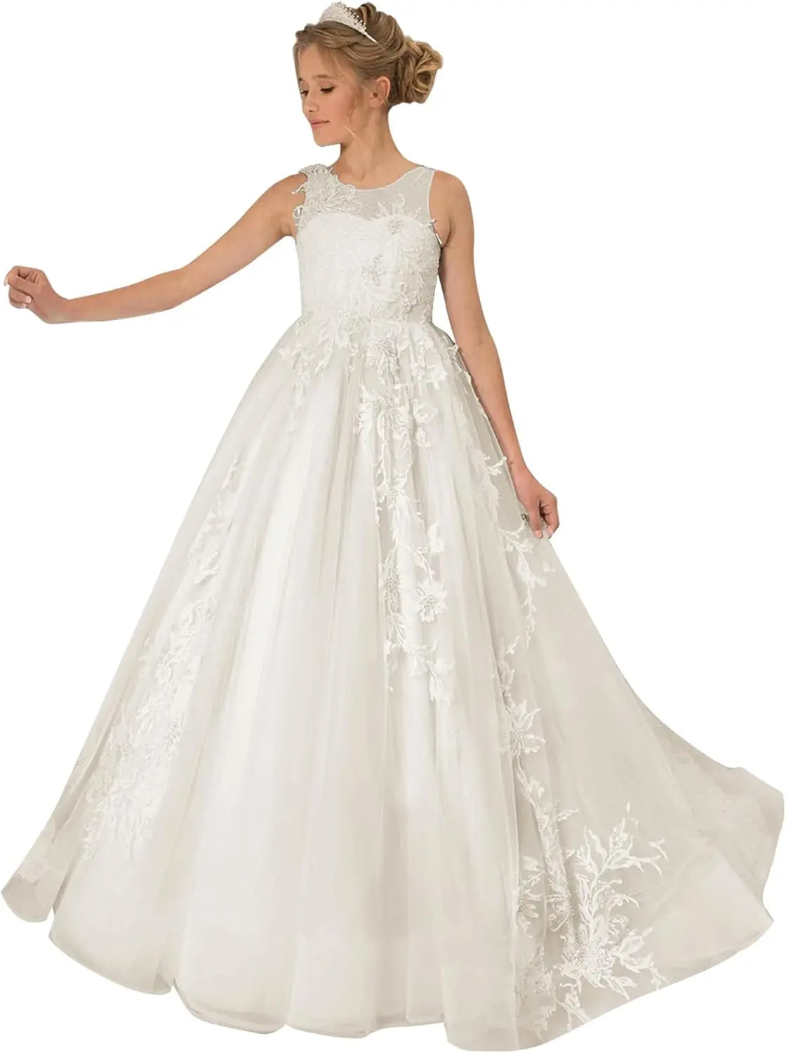 Princess Dress Tulle Lace Flower Girl Dress for Wedding Applique Princess Pageant Dress Long Party Ball Gown with Cape Sleeves