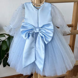Vestidos de primera comunión para fiesta de cumpleaños, vestidos de niña de las flores de tul azul con perlas abullonadas y lazo, manga larga para boda 