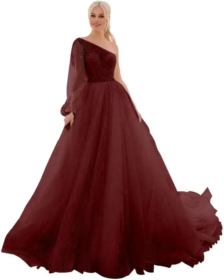 One Shoulder Appliques Tulle Prom Dresses Glitter Ball Gown Wedding Dress Princess Formal Gown