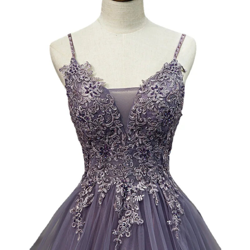 2027 Elegant Club Banquet Purple Strap Prom Dress Vocal Art Exam Senxi Colorful Silk Fairy Air Silk Dress Hosting Evening Dress