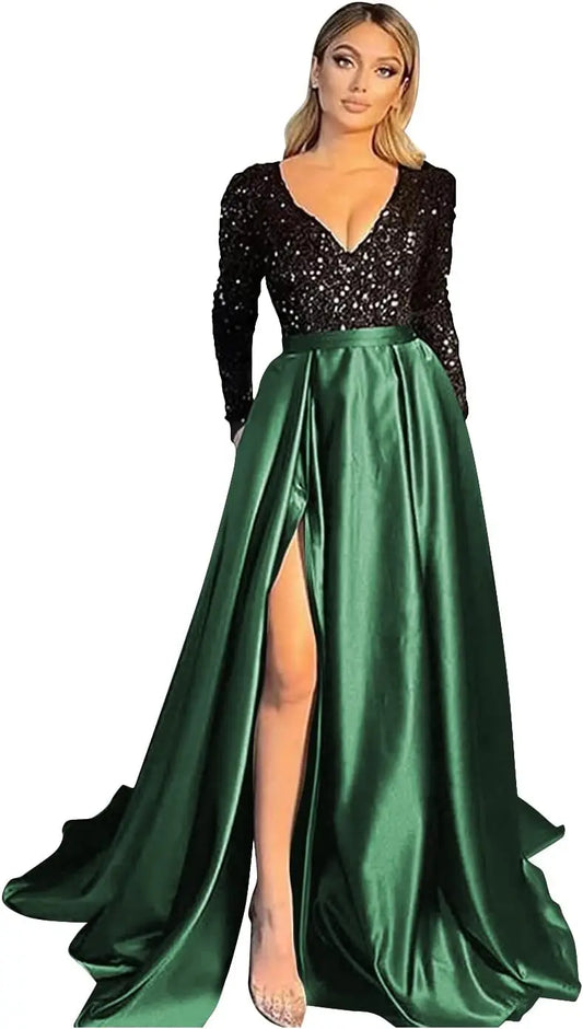 Vestido de fiesta de graduación con lentejuelas brillantes para mujer, con bolsillos, de satén de manga larga, vestido de noche formal con abertura, elegante para fiesta de boda 