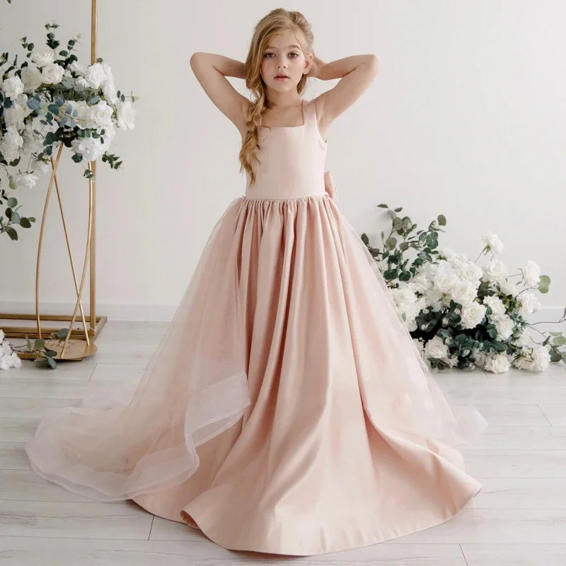 Geburtstagsfeier Bankett Prinzessin Kleider Blumenmädchenkleider Rosa Satin Solide Mit Tailing Und Bogen Ärmellos Für Hochzeit 
