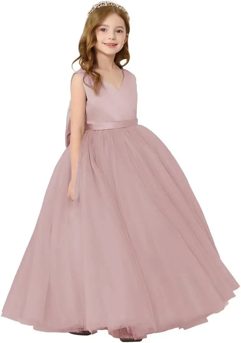 Satin Tulle Flower Girl Tutu Dress for Wedding Formal Holiday First Communion Dress with Bow pageant princess dresses for girls