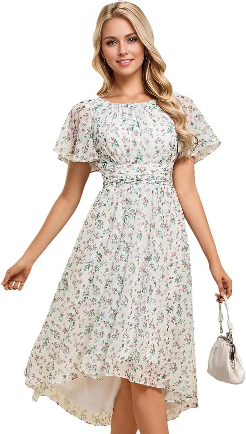 Vestido de gasa con cuello redondo y cintura plisada para mujer, manga corta, para invitada de boda, dama de honor, fiesta, graduación 