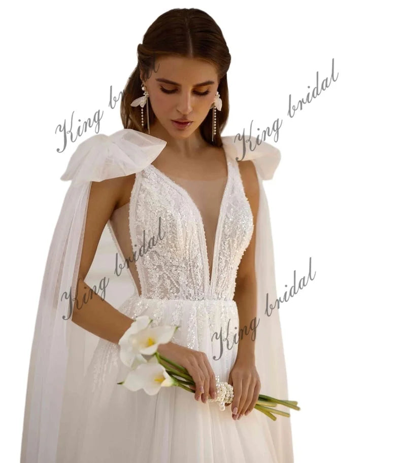 Individuell angefertigtes elegantes handgefertigtes schimmerndes Tüll-Hochzeitskleid mit Perlenspitze, schlichte Brautkleider, Hochzeitskleid, Brautkleider 