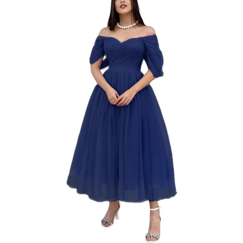 Tulle Sweetheart A-line Evening Dresses Off the Shoulder Tea-Length Formal Dress With Pleats & Bow Elegant Lace Up Prom Gowns