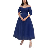Tulle Sweetheart A-line Evening Dresses Off the Shoulder Tea-Length Formal Dress With Pleats & Bow Elegant Lace Up Prom Gowns