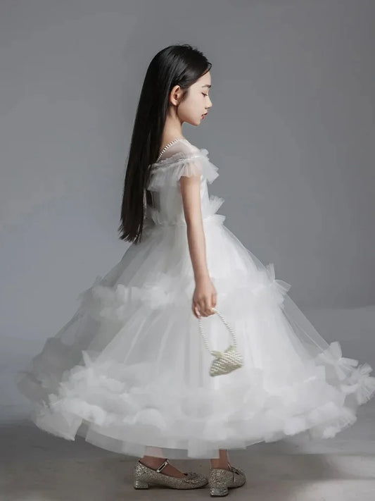 Vestidos de primera comunión para fiesta de cumpleaños, personalizados, blancos, para niña de las flores, para desfile, para boda, con volantes y cuentas. 