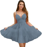 Fashion Tiered Homecoming Dresses Ruffle Tulle Mini Dresses Elegant V Neck Short Prom Dresses graduation dress