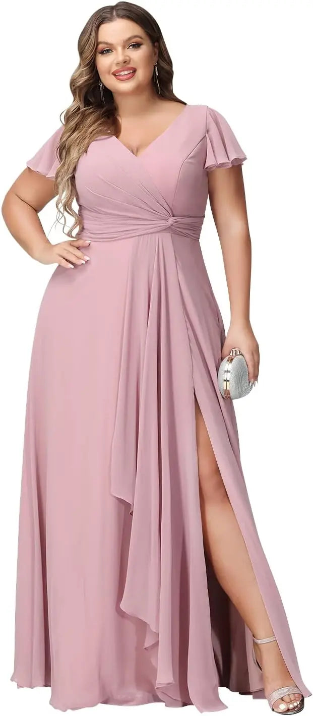 Vestidos de dama de honor con mangas con volantes y bolsillos, cuello en V, largos y formales, para mujer, talla grande, 2026, para fiesta de boda. 
