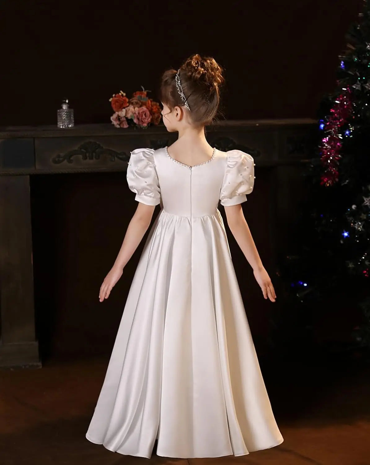 Satin First Communion Dress Flower Girl Dresses for Wedding Pearls Princess Pageant Dress with Bow-Knot
