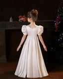 Satin First Communion Dress Flower Girl Dresses for Wedding Pearls Princess Pageant Dress with Bow-Knot