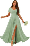 Custom Made Flutter Sleeves Split Bridesmaid Dresses with Slit Long V Neck Empire Waist Formal Evening Dress for Women Wedding