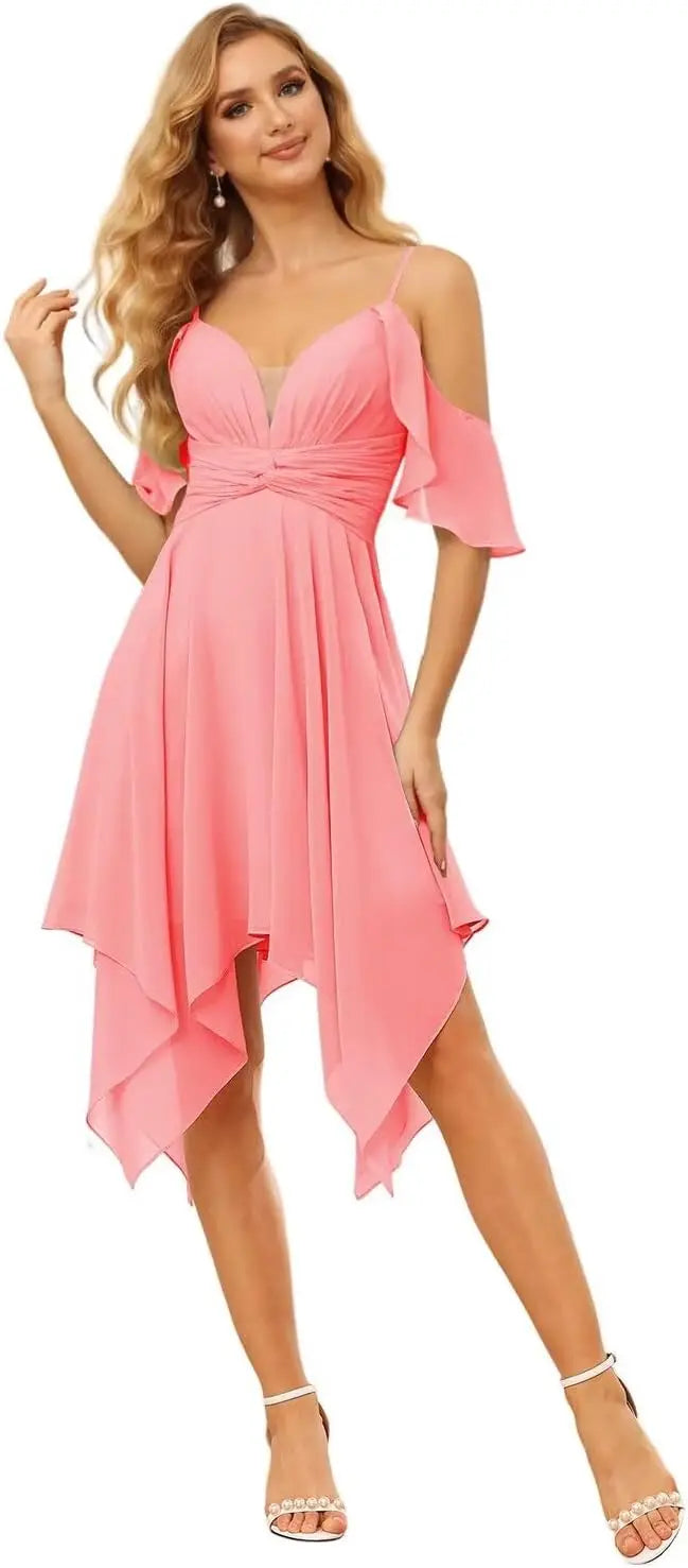 Women's Off Shoulder Chiffon Junior Bridesmaid Dresses Short Pockets Ruffle A Line Formal Dresses with Slit Wedding Party Gown