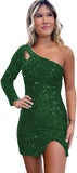 Women's One Shoulder Sequin Homecoming Dress Short Sparkly Long Sleeve Prom Party Gowns for Teens cocktail dresses