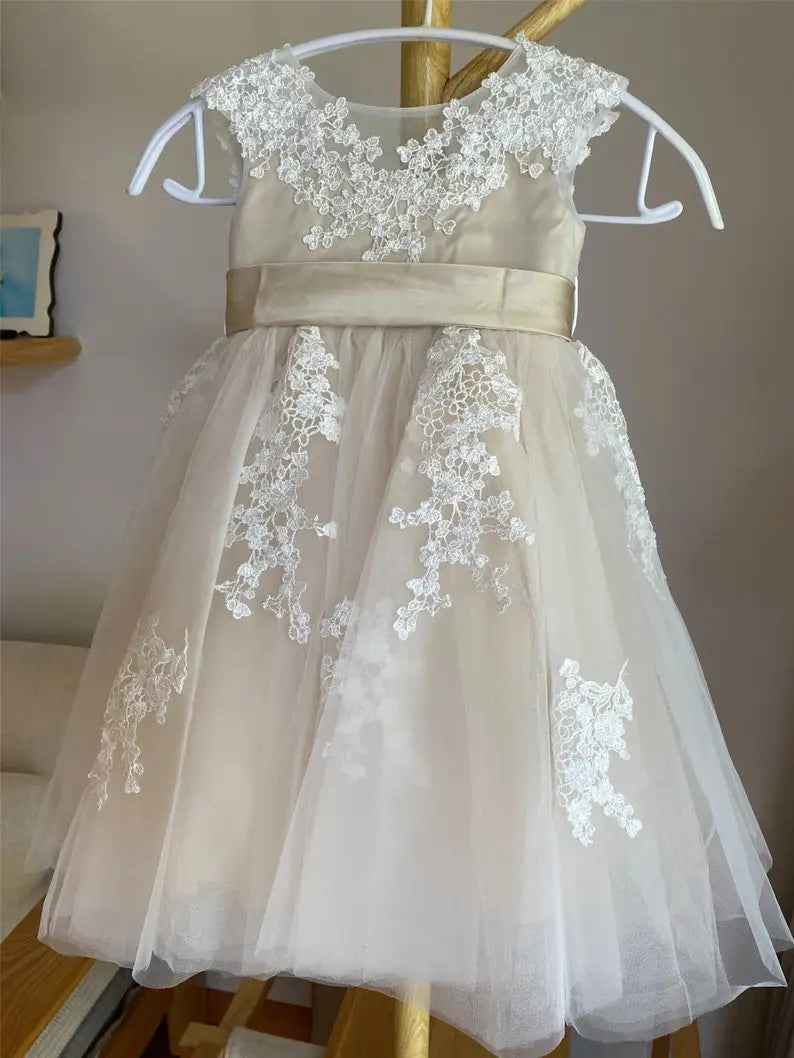 Vestidos de niña de flores de tul con encaje para bodas, vestido de niña de cumpleaños con ilusión y apliques de encaje, vestido de princesa con tutú para niñas de concurso 