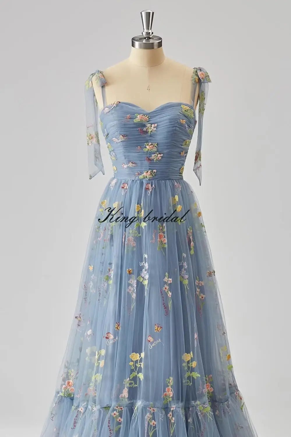 Women's Flower Embroidery Tulle Prom Dresses Corset Long Spaghetti Strap Fairy Ruched Formal Evening Party Gown Bridesmaid Dress