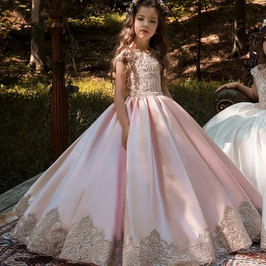 First Communion Pageant Birthday Gowns Elegant Satin Flower Girl Dresses for Wedding Sleeveless Applique Princess Dress Weddings