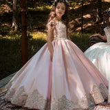 Erstkommunion Festzug Geburtstagskleider Elegante Satin Blumenmädchenkleider für Hochzeit Ärmelloses Applique Prinzessinnenkleid Hochzeiten 