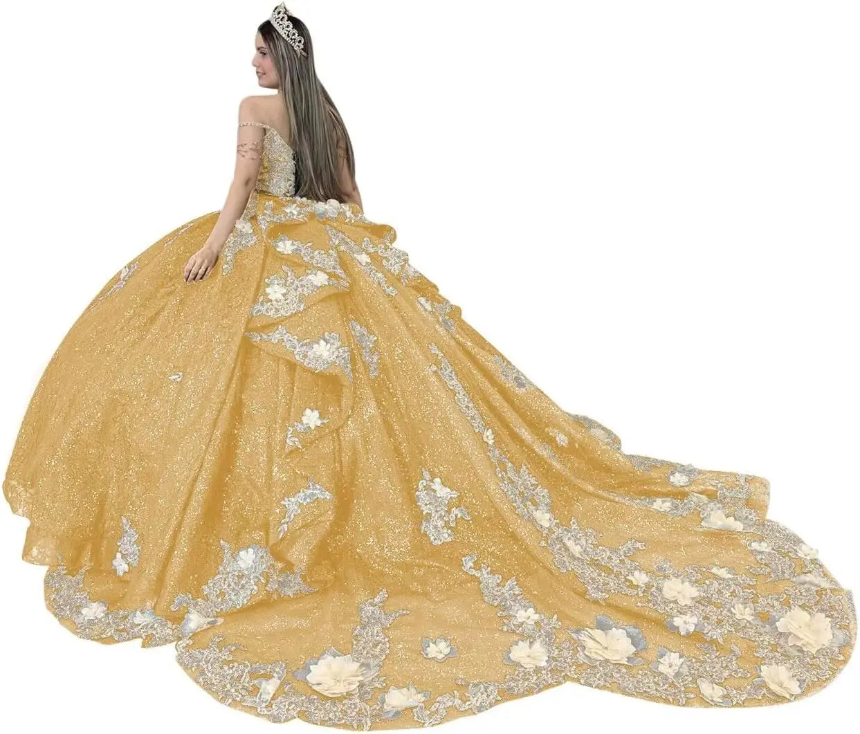 Gold Appliques Quinceanera Dresses with Train Spaghetti Strap Lace Sweet 16 Dresses Layered Ruffles Beaded Ball Gown