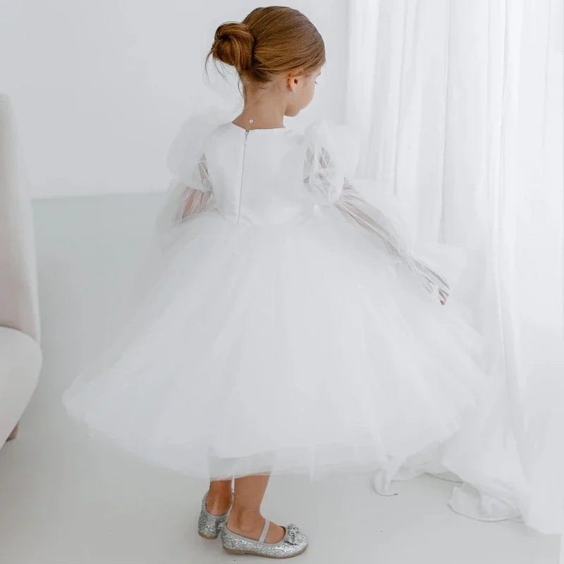 Prinzessin Kleid Blumenmädchen Kleider Weiß Tüll Puffy Langarm Für Hochzeit Geburtstag Party Bankett Heilige Kommunion Kleider 
