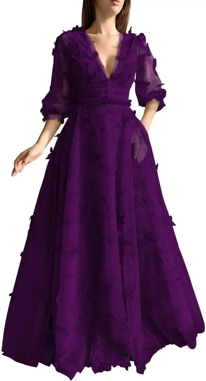Damen Ballkleid mit Puffärmeln, 3D-Schmetterling, langer V-Ausschnitt, Tüll, Ballkleid, formelles Abendkleid 