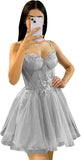 Glitter Tulle Homecoming Dress 3D Flowers Spaghetti Straps Short Prom Dresses for Teens cocktail dresses  mini dress