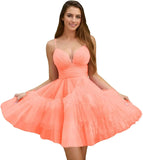 Fashion Tiered Homecoming Dresses Ruffle Tulle Mini Dresses Elegant V Neck Short Prom Dresses graduation dress