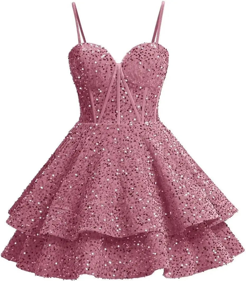 Vestidos de fiesta de graduación con lentejuelas brillantes para adolescentes, tirantes finos, corsé, vestido de cóctel con capas brillantes 