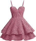 Vestidos de fiesta de graduación con lentejuelas brillantes para adolescentes, tirantes finos, corsé, vestido de cóctel con capas brillantes 