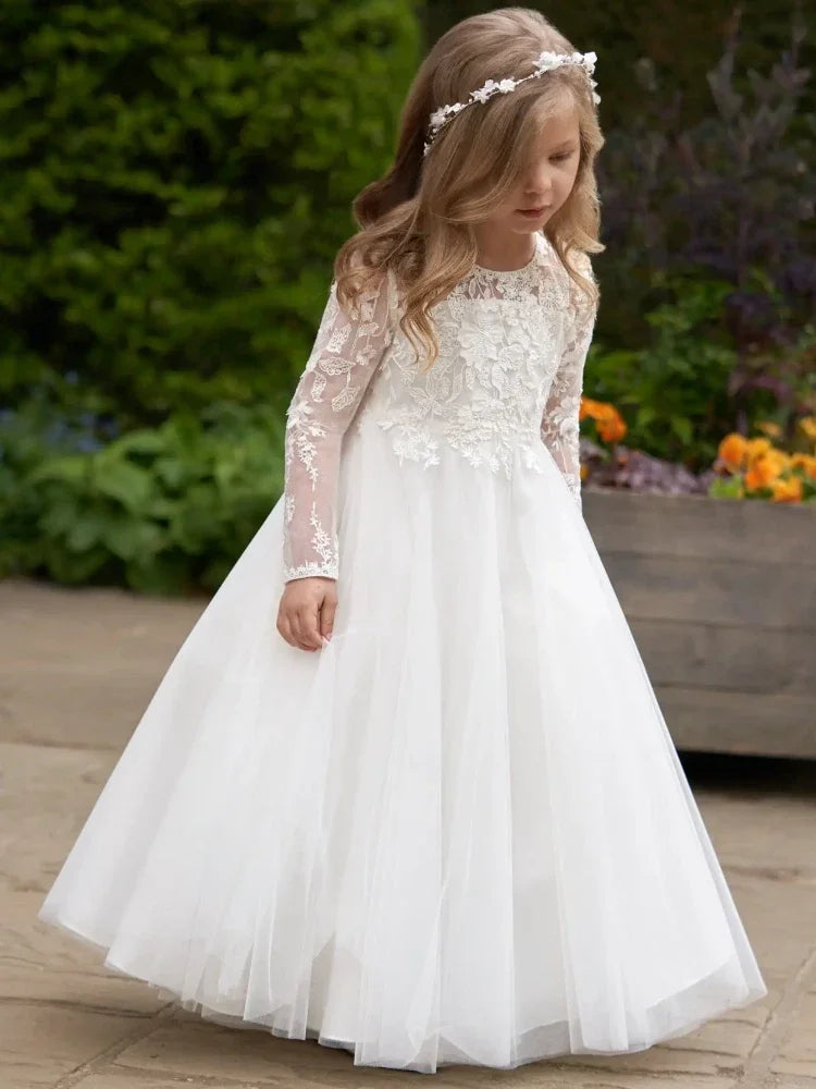 Vestido de tul blanco con estampado floral, manga larga, para bodas, cumpleaños, fiestas, banquetes, princesas, para niñas de las flores 