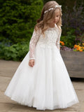 Vestido de tul blanco con estampado floral, manga larga, para bodas, cumpleaños, fiestas, banquetes, princesas, para niñas de las flores 