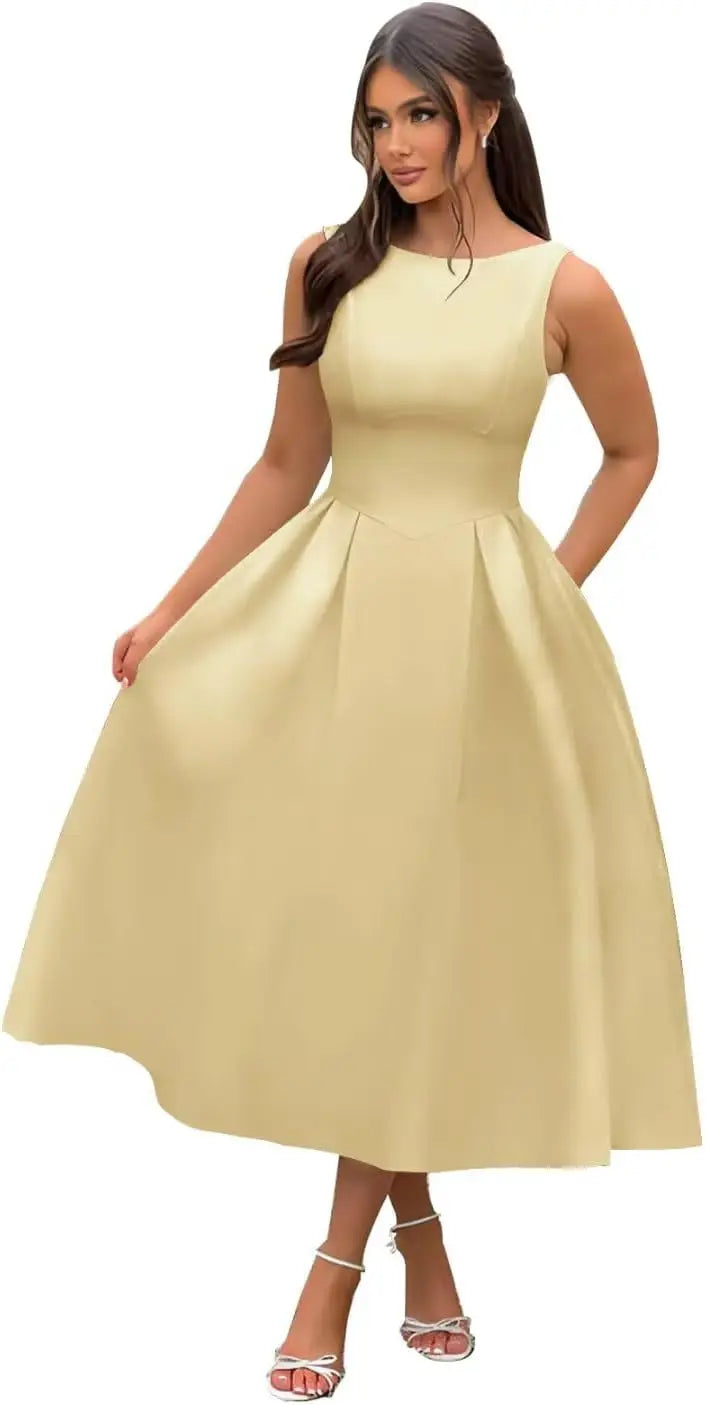 Boat Neck Satin Midi Prom Dresses Tea Length Scoop Back A Line Formal Boat Neck Satin Midi Prom Dresses Tea Length Scoop Back A Line Formal