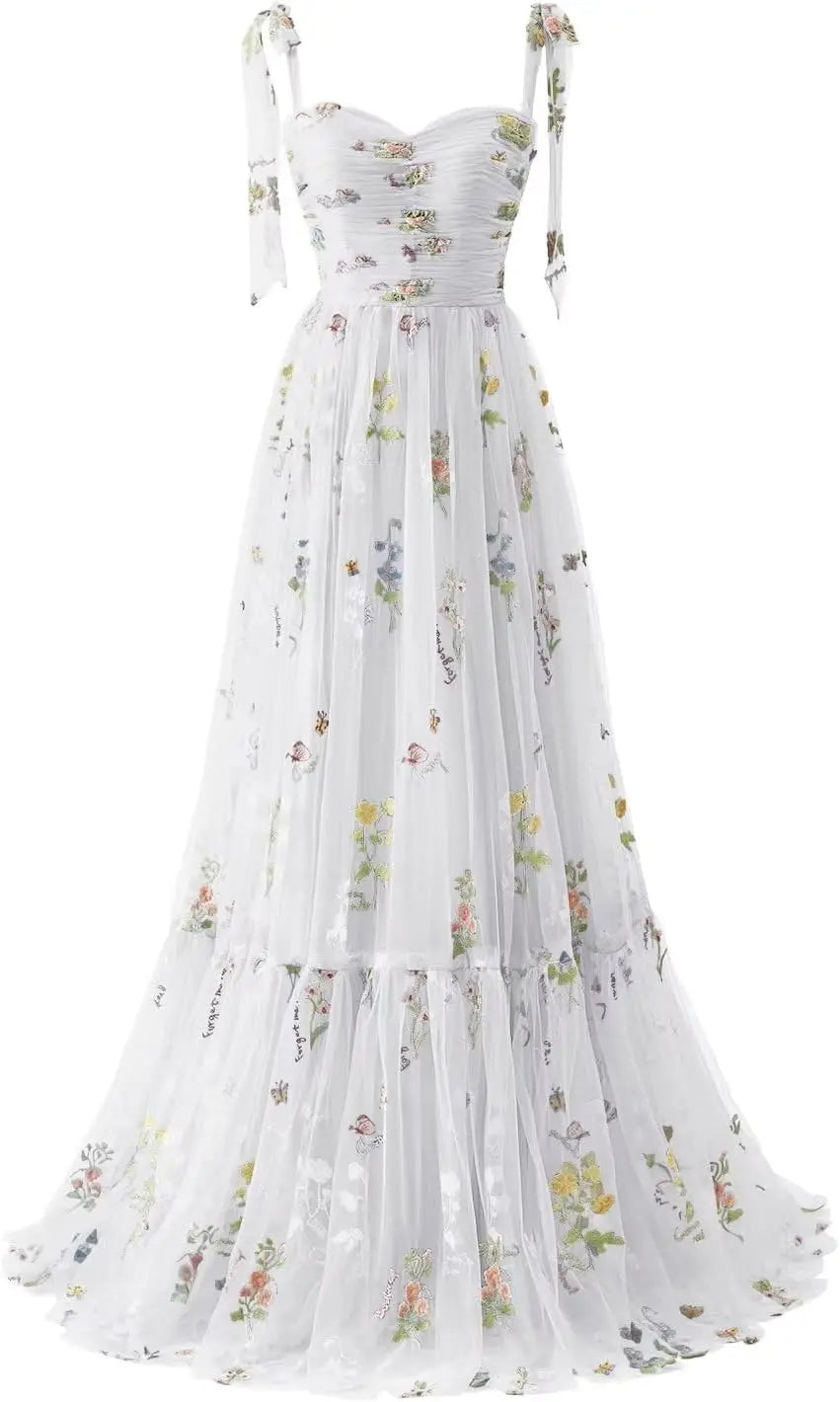 Women's Flower Embroidery Tulle Prom Dresses Corset Long Spaghetti Strap Fairy Ruched Formal Evening Party Gown Bridesmaid Dress