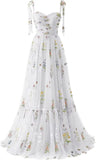 Women's Flower Embroidery Tulle Prom Dresses Corset Long Spaghetti Strap Fairy Ruched Formal Evening Party Gown Bridesmaid Dress