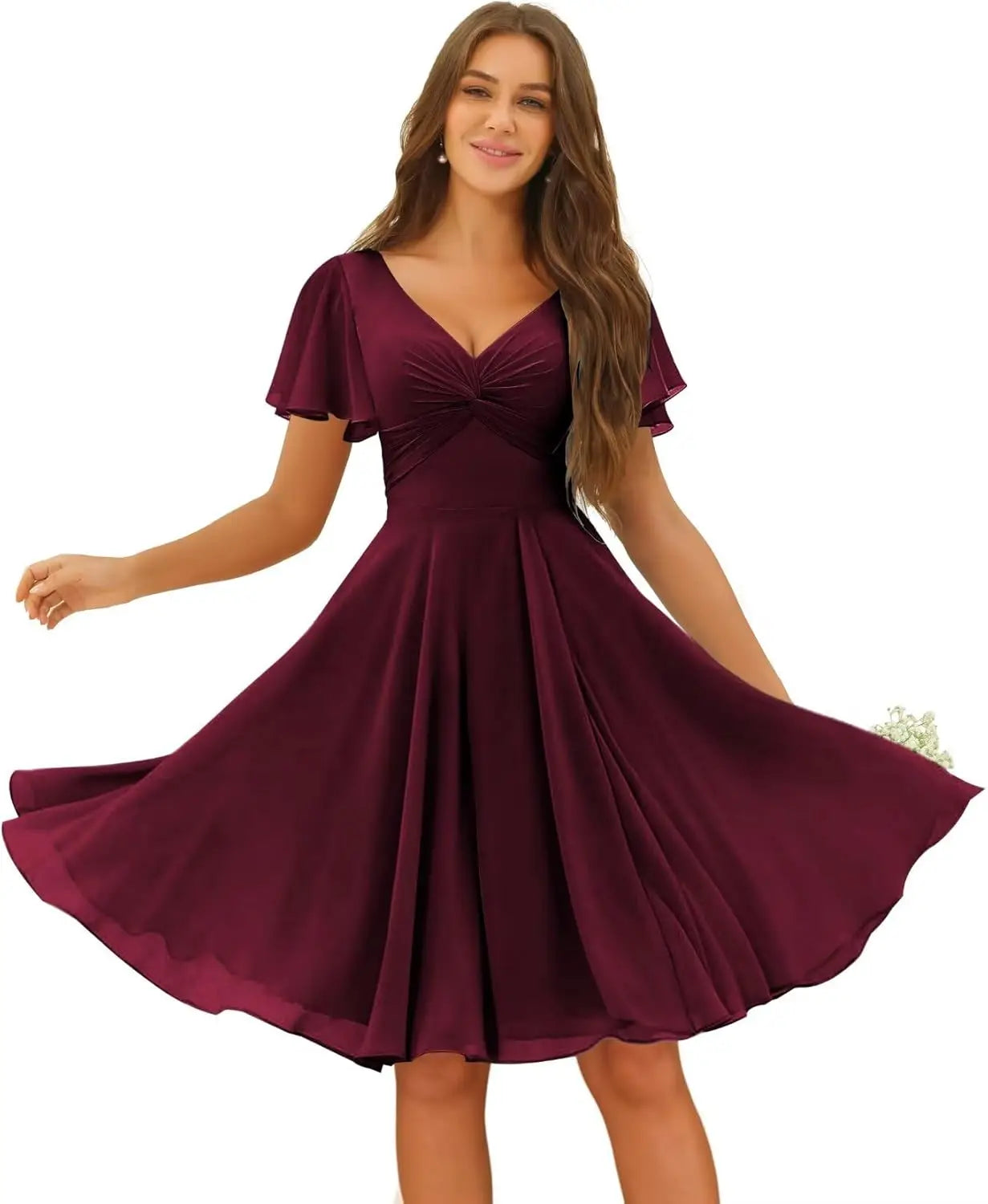 Women's Pleated Chiffon Flutter Sleeves Junior Bridesmaid Dresses with Pockets V Neck Short Formal Dress Wedding Party Gowns