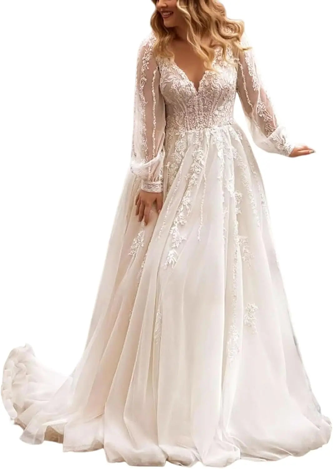 Brautkleider für die Braut Langes Spitzenapplikations-Tüll-Brautkleid Boho-Strandhochzeitskleid weißes Kleid Maßgeschneiderte Brautkleider 