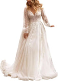 Brautkleider für die Braut Langes Spitzenapplikations-Tüll-Brautkleid Boho-Strandhochzeitskleid weißes Kleid Maßgeschneiderte Brautkleider 