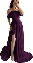 Elegantes schulterfreies Chiffon-Ballkleid für Brautjungfern mit Schlitz, lang, A-Linie, plissierte Rüschen, formelles Abendkleid für Damen 