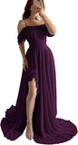 Elegantes schulterfreies Chiffon-Ballkleid für Brautjungfern mit Schlitz, lang, A-Linie, plissierte Rüschen, formelles Abendkleid für Damen 