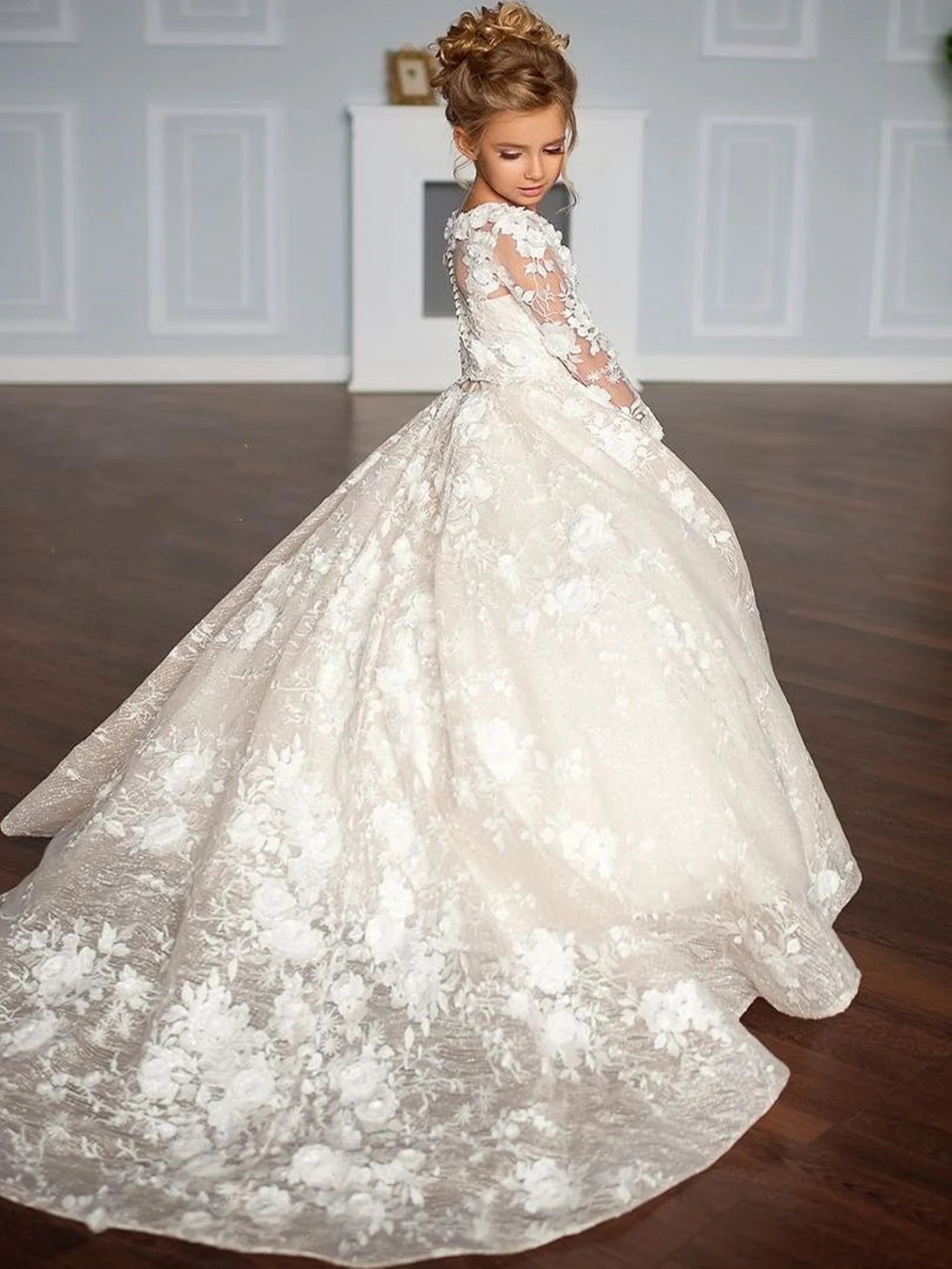 Apliques de encaje floral largo hasta el suelo, vestido de princesa para fiesta de cumpleaños infantil, comunión, vestidos blancos para niña de las flores para boda 
