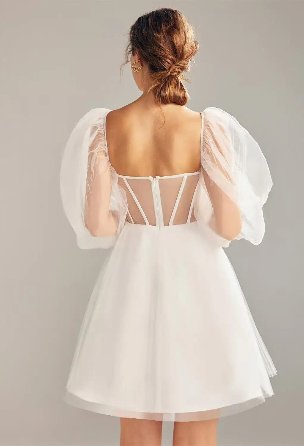 Langärmliges Tüll-Heimkehrkleid, kurzes Brautkleid, herzförmiger Ausschnitt, Spitzenapplikation, Ballkleider für Teenager, Cocktailkleid 